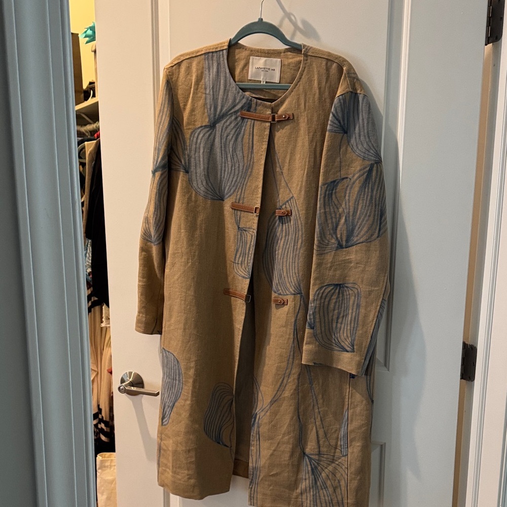 Lafayette 148 New York Tan Trench Coat with Blue Print